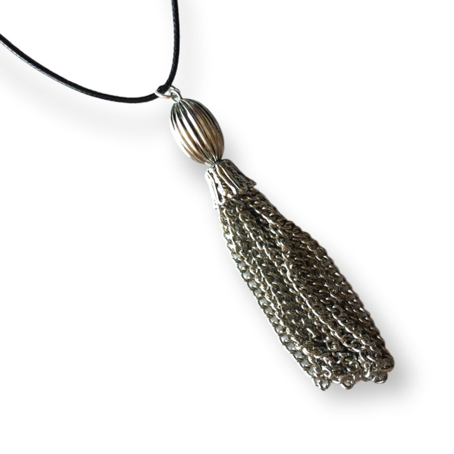 Silver Tone Metal Tassel Pendant Necklace, Waxed Black Cotton Cord